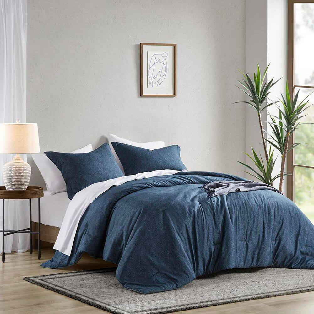 Camden 3-Piece Navy Microfiber King/Cal King Chambray Print Solid Comforter Set