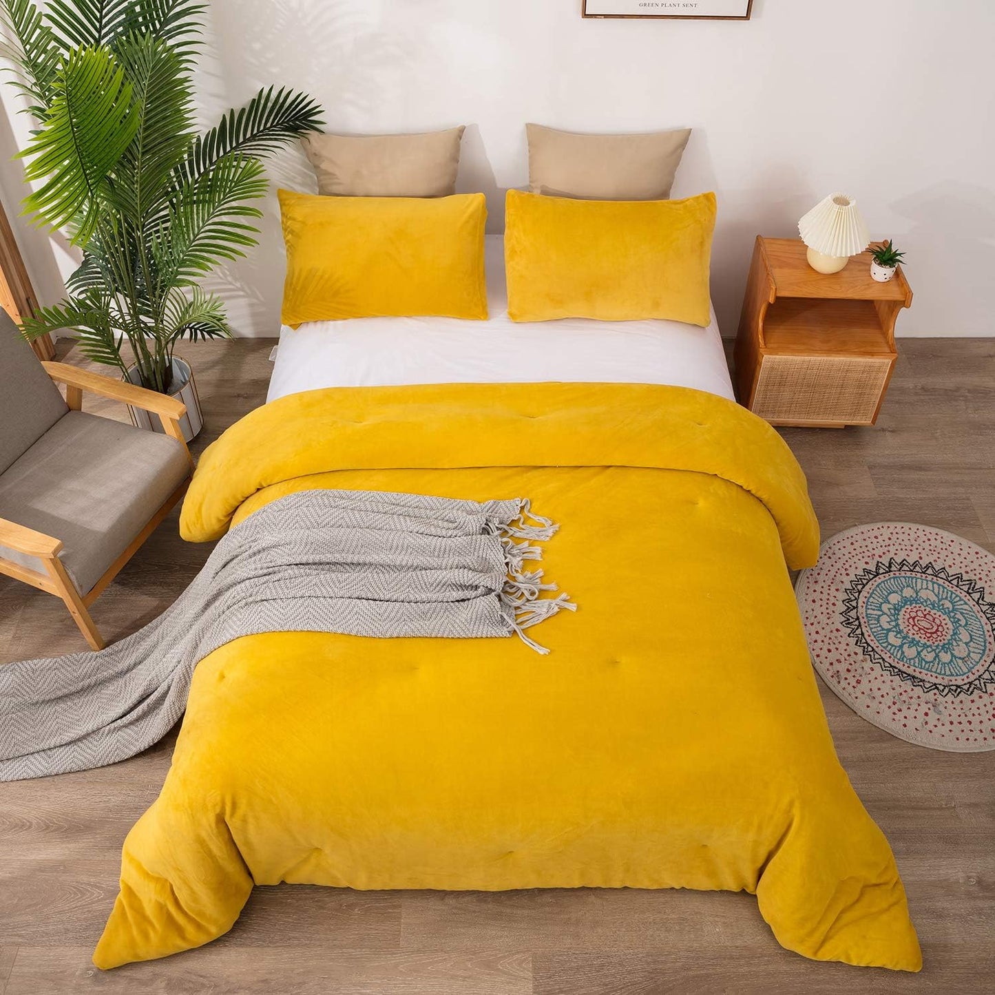 Mustard Yellow Velvet Comforter Set Queen Plush Flannel Fluffy Yellow Bedding Comforter Set Micromink Sherpa Warm Heavyweight Winter Comforter for Women Men Adults Teens