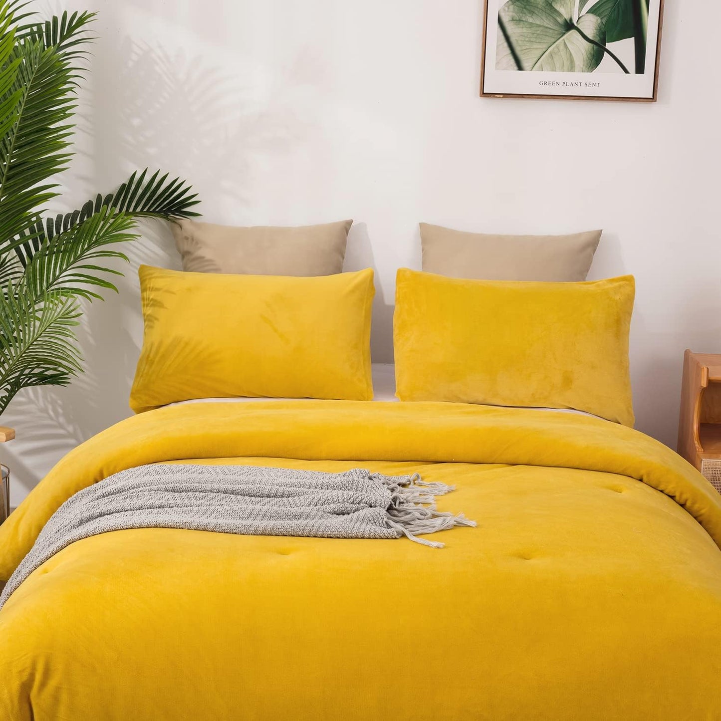 Mustard Yellow Velvet Comforter Set Queen Plush Flannel Fluffy Yellow Bedding Comforter Set Micromink Sherpa Warm Heavyweight Winter Comforter for Women Men Adults Teens