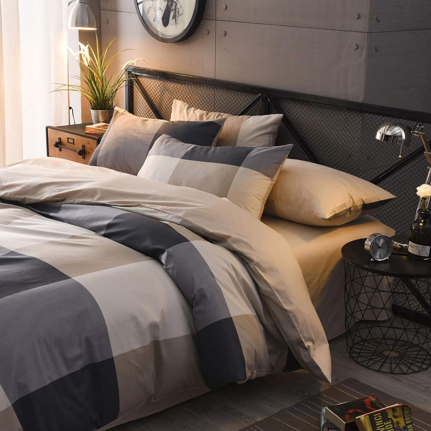 Plaid Duvet Cover Twin, 100% Cotton Check Geometric Bedding 3Pc Set, Retro Grey Hotel Quality Gingham Print Nordic Style, Reversible Solid Color with Zipper Closure, Ties (NO Comforter)