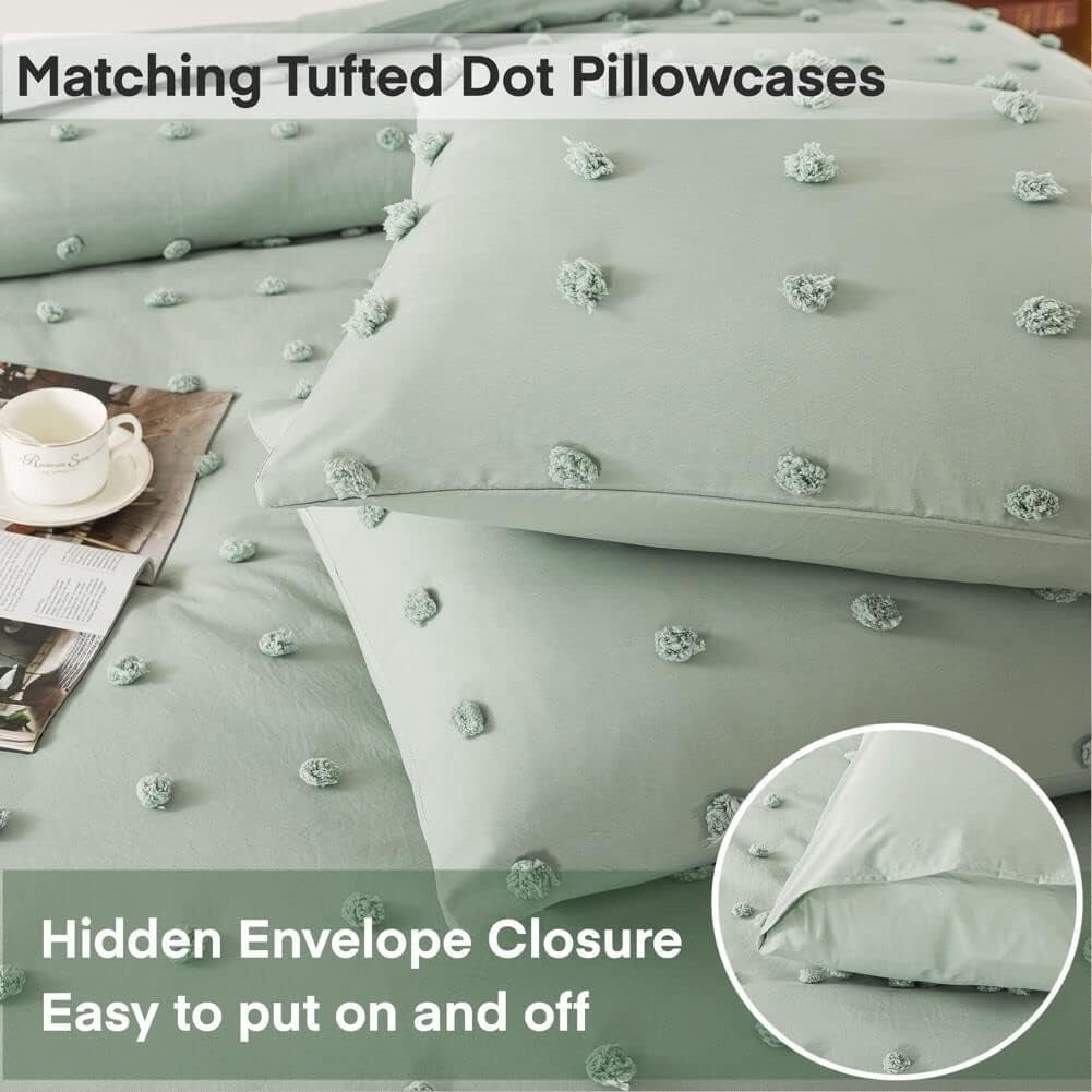 Tufted Sage Green Full Comforter Set (80X90 Inches), 3 Pieces- Soft Cotton Jacquard Lightweight Comforter with 2 Pillowcases, Chenille Dots All Season down Alternative Comforter Set for Bedding