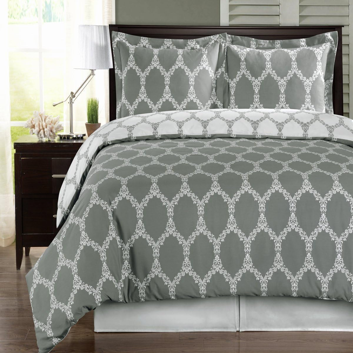 Brooksfield Gray and White 3 Piece Full/Queen Comforter Cover (Duvet Cover Set) 100% Cotton 300 TC