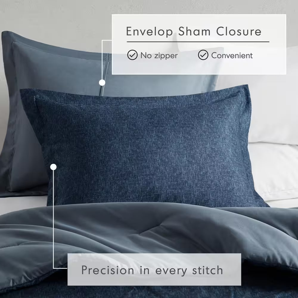 Camden 3-Piece Navy Microfiber King/Cal King Chambray Print Solid Comforter Set