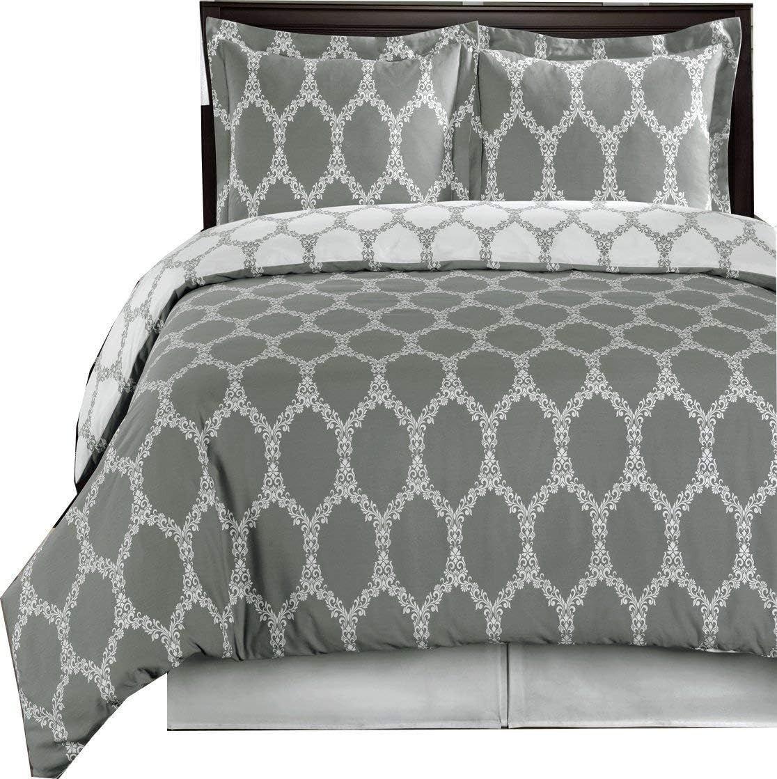 Brooksfield Gray and White 3 Piece Full/Queen Comforter Cover (Duvet Cover Set) 100% Cotton 300 TC