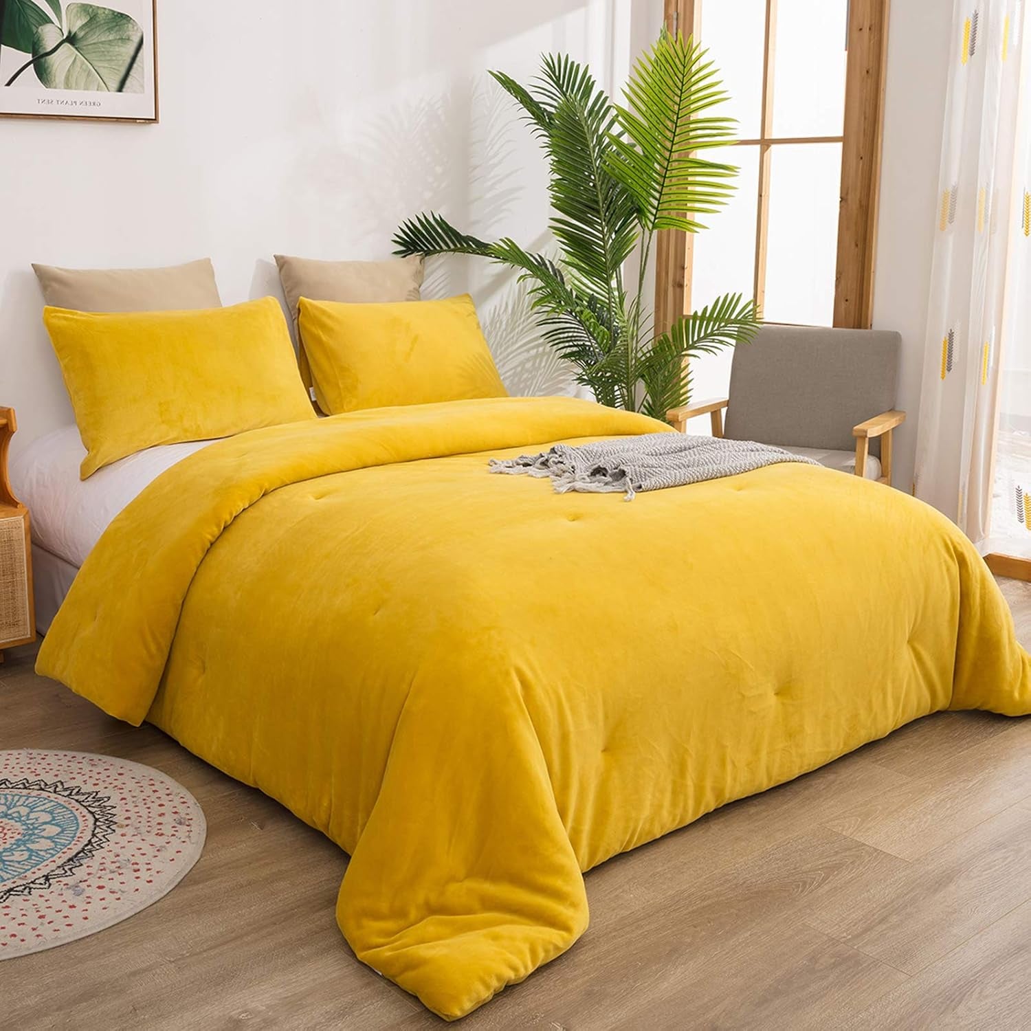 Mustard Yellow Velvet Comforter Set Queen Plush Flannel Fluffy Yellow Bedding Comforter Set Micromink Sherpa Warm Heavyweight Winter Comforter for Women Men Adults Teens