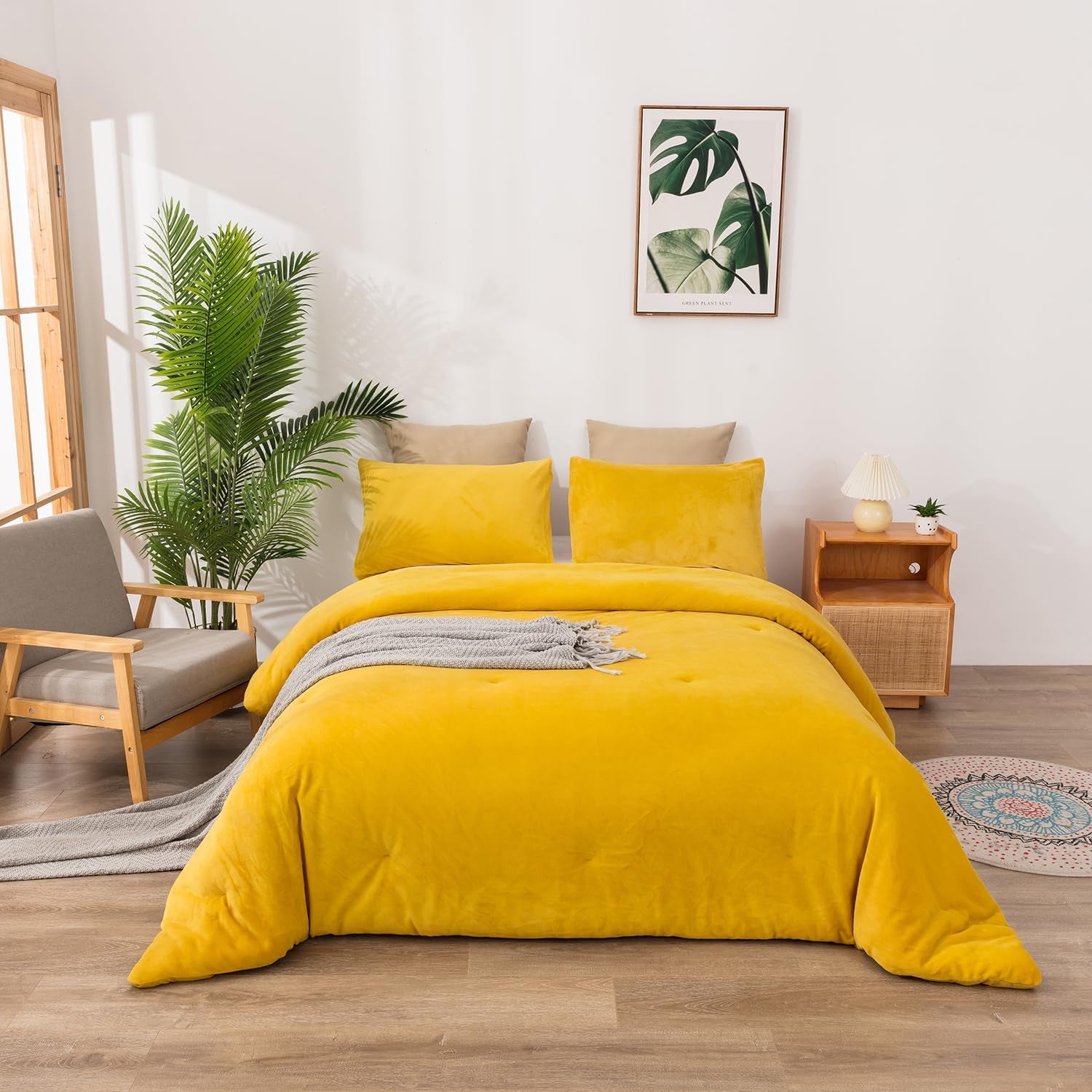 Mustard Yellow Velvet Comforter Set Queen Plush Flannel Fluffy Yellow Bedding Comforter Set Micromink Sherpa Warm Heavyweight Winter Comforter for Women Men Adults Teens