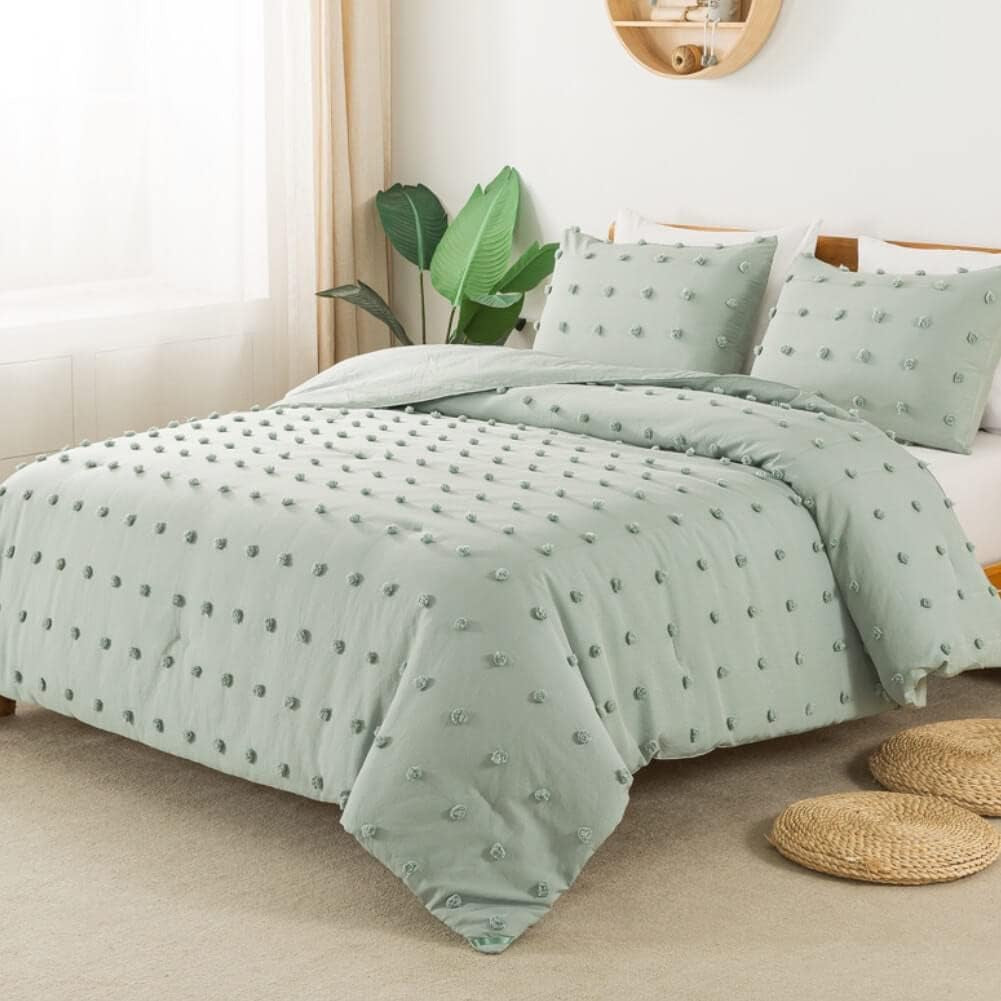 Tufted Sage Green Full Comforter Set (80X90 Inches), 3 Pieces- Soft Cotton Jacquard Lightweight Comforter with 2 Pillowcases, Chenille Dots All Season down Alternative Comforter Set for Bedding