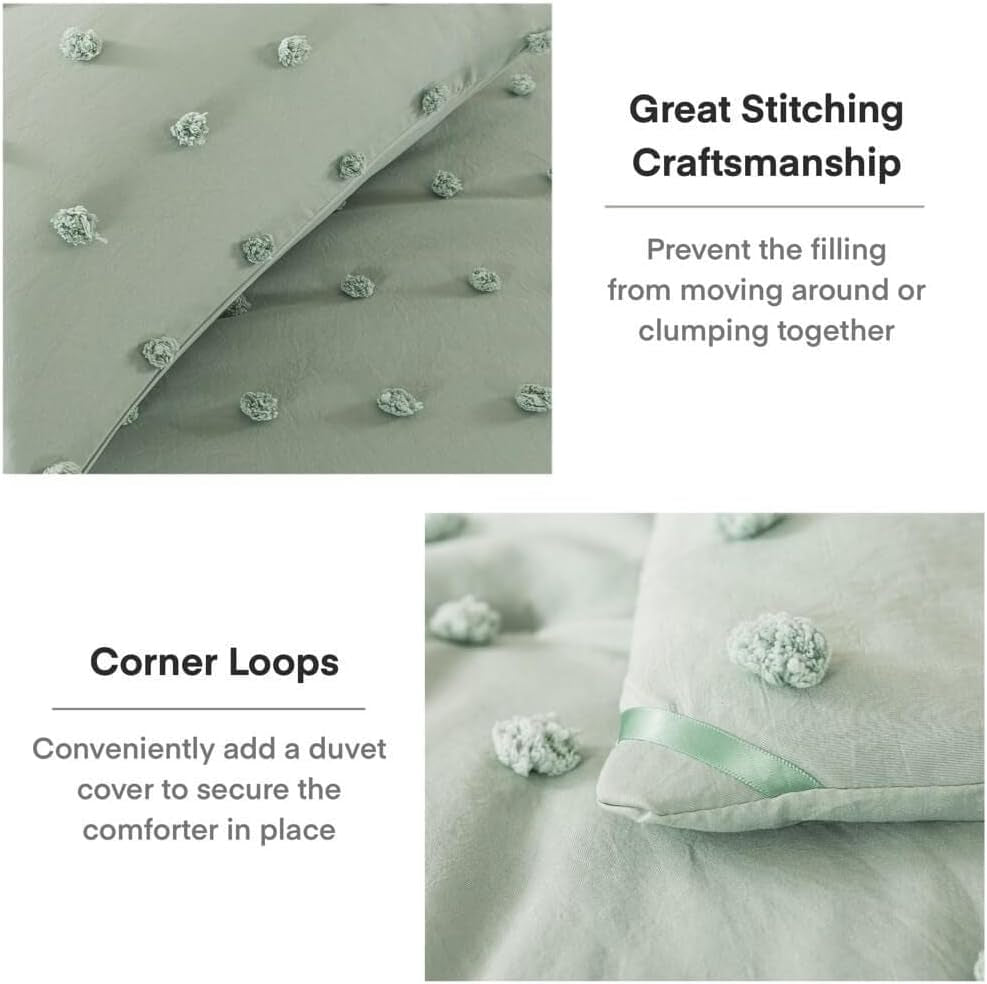 Tufted Sage Green Full Comforter Set (80X90 Inches), 3 Pieces- Soft Cotton Jacquard Lightweight Comforter with 2 Pillowcases, Chenille Dots All Season down Alternative Comforter Set for Bedding
