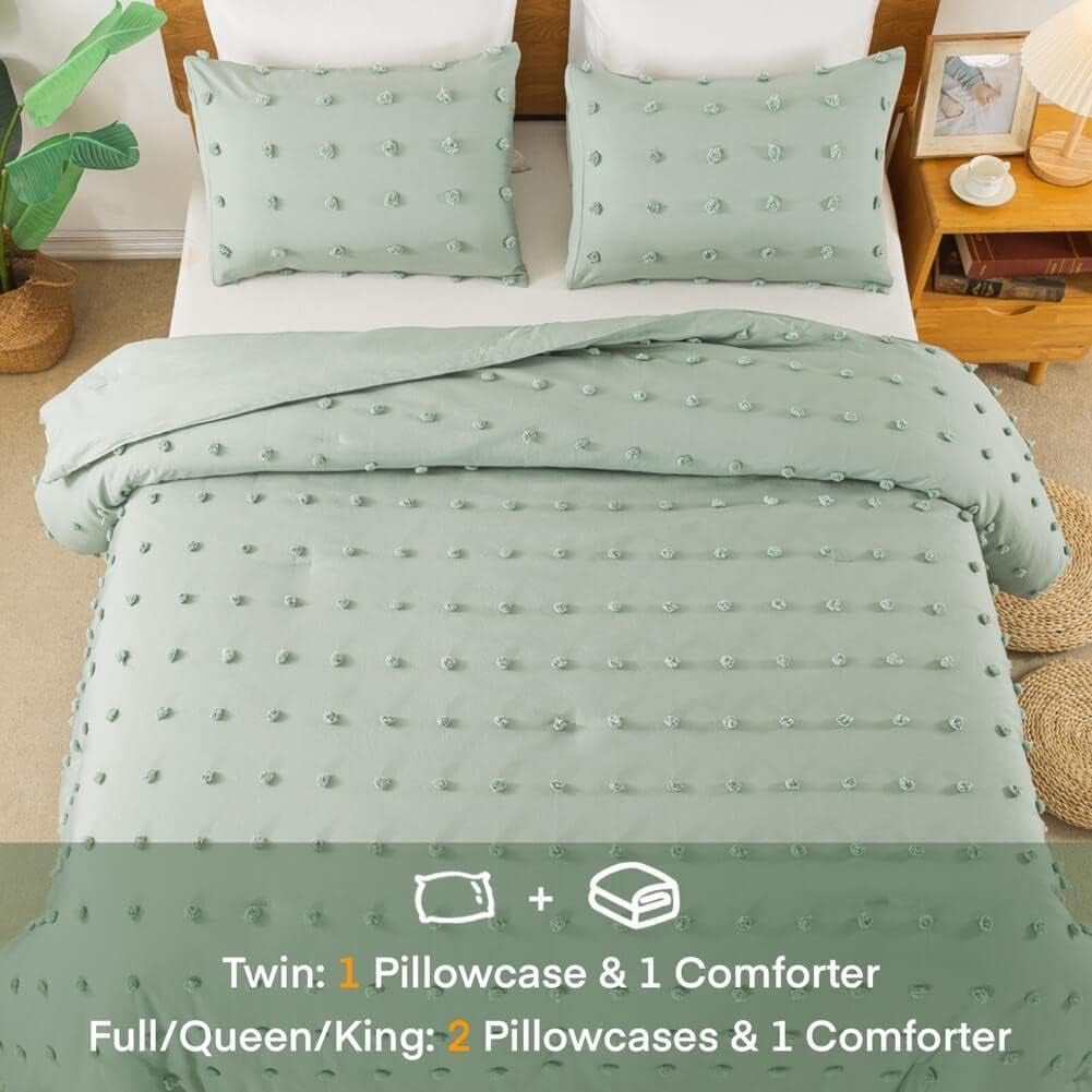 Tufted Sage Green Full Comforter Set (80X90 Inches), 3 Pieces- Soft Cotton Jacquard Lightweight Comforter with 2 Pillowcases, Chenille Dots All Season down Alternative Comforter Set for Bedding