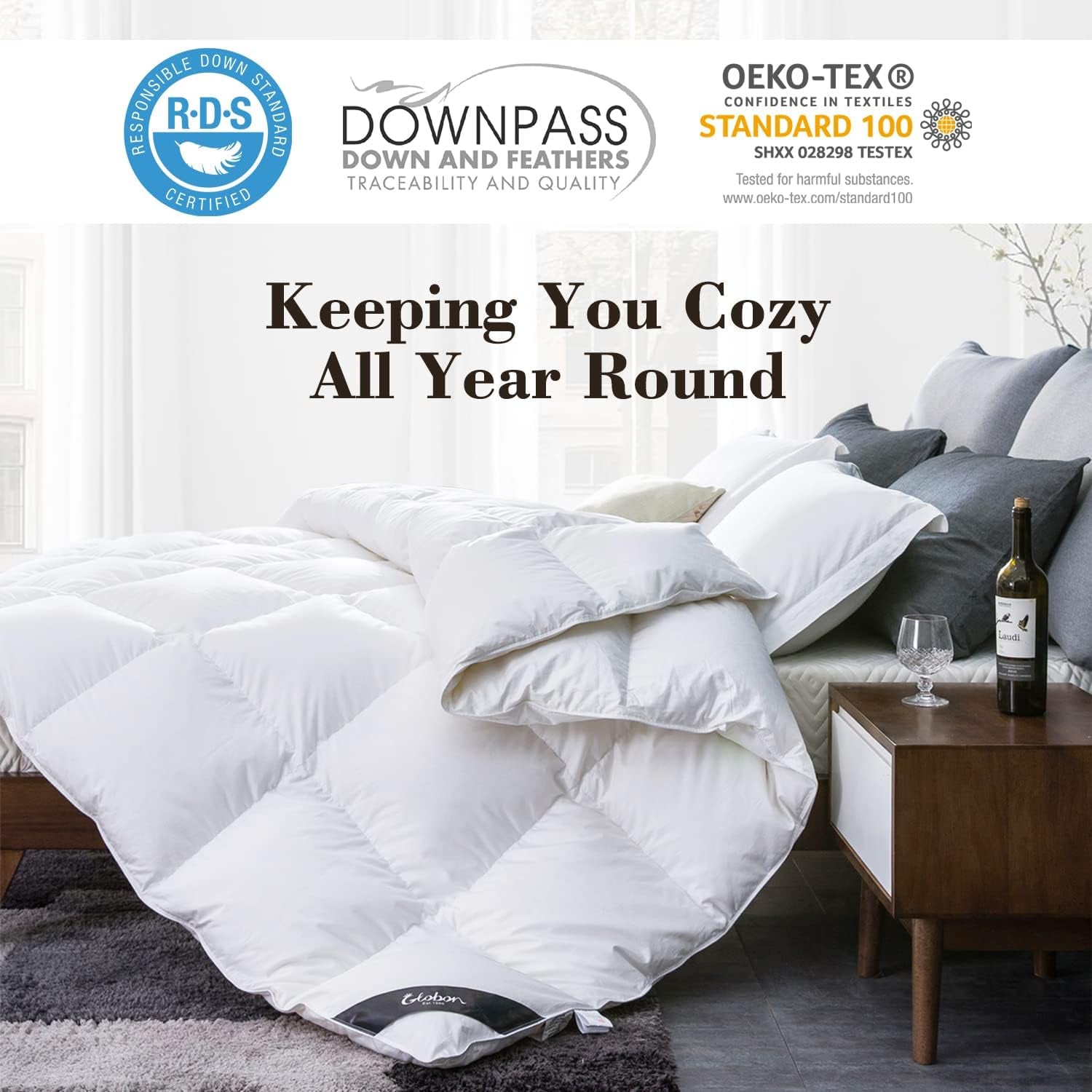 King Size down Comforter - All Season Duvet Insert with Medium Warmth, Soft and Noiseless Shell,8 Corner Tabs, and Machine Washable - White