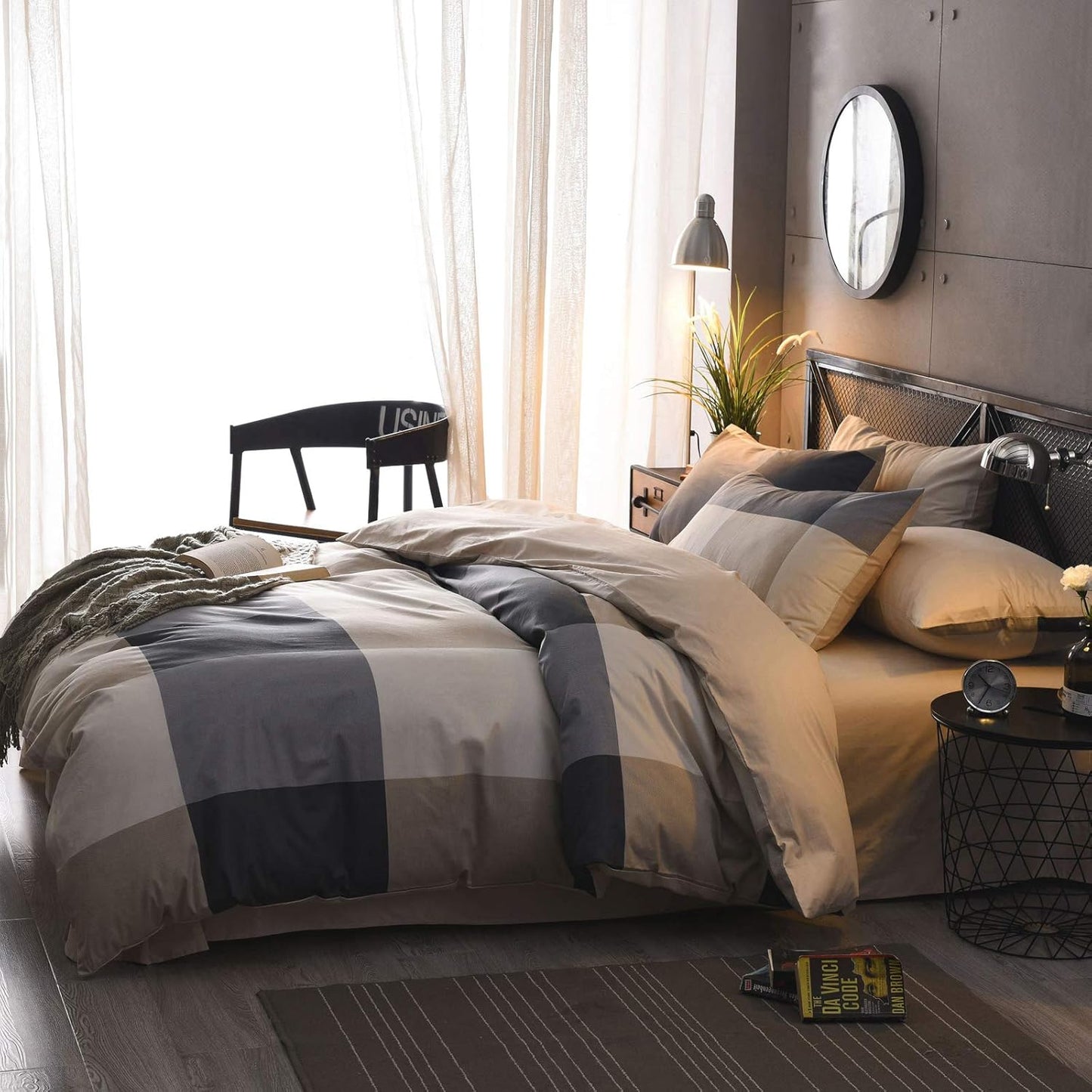 Plaid Duvet Cover Twin, 100% Cotton Check Geometric Bedding 3Pc Set, Retro Grey Hotel Quality Gingham Print Nordic Style, Reversible Solid Color with Zipper Closure, Ties (NO Comforter)