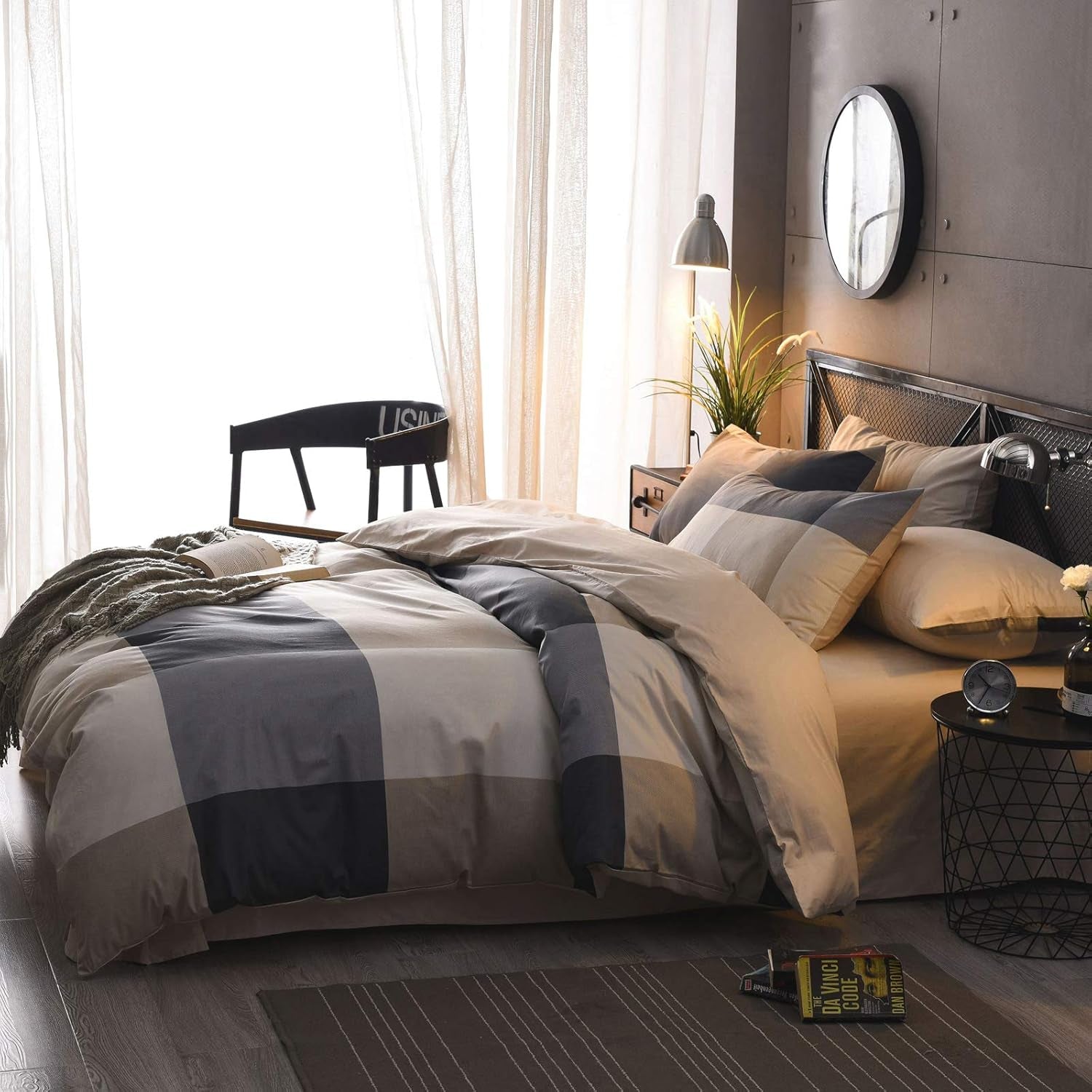 Plaid Duvet Cover Twin, 100% Cotton Check Geometric Bedding 3Pc Set, Retro Grey Hotel Quality Gingham Print Nordic Style, Reversible Solid Color with Zipper Closure, Ties (NO Comforter)