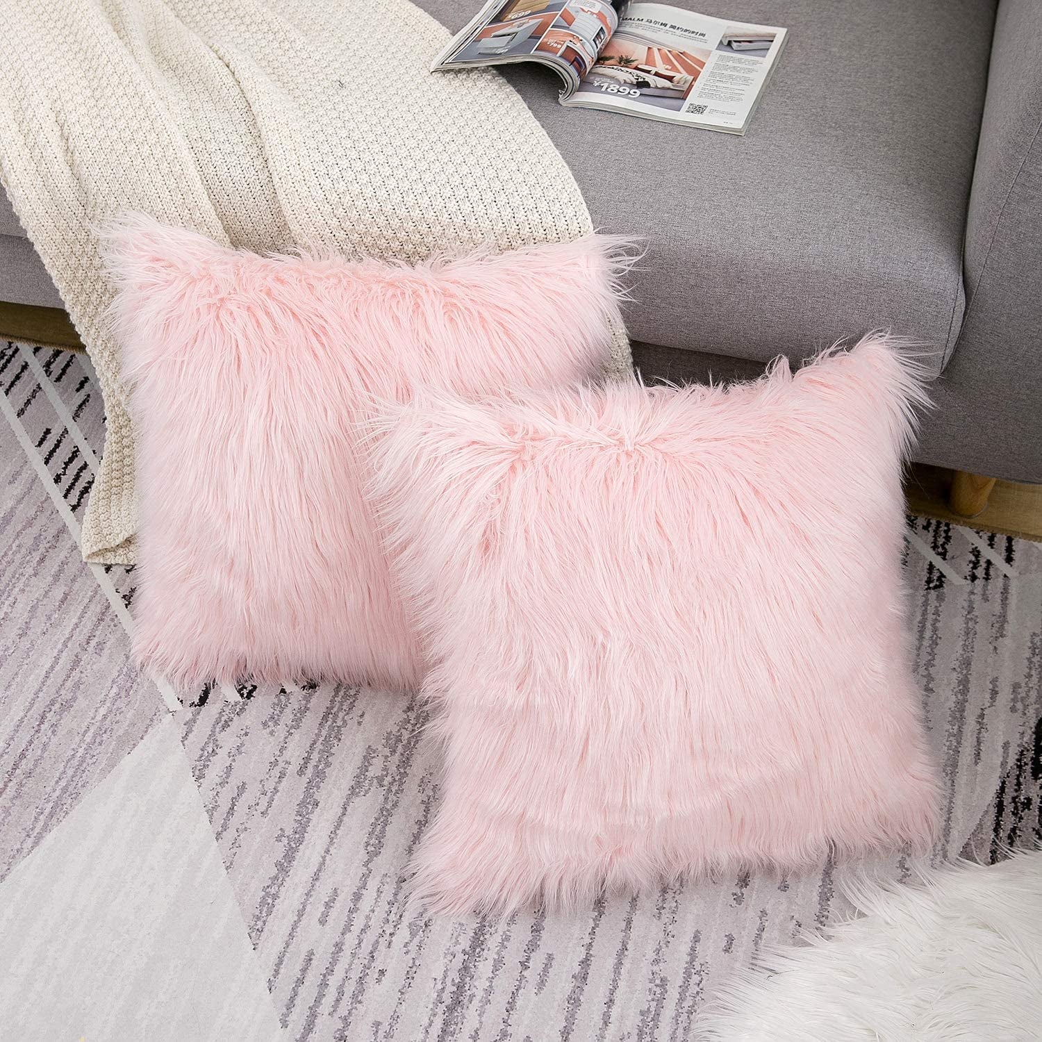 Set of 2 Pink Christmas Decorative Fluffy Pillow Covers New Luxury Series Merino Style Blush Faux Fur Throw Pillow Covers Fuzzy Cushion Case for Sofa Bedroom Living Room Home Decor 18X18 Inch