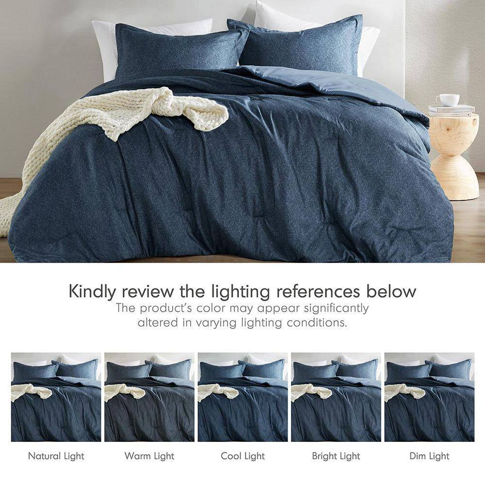 Camden 3-Piece Navy Microfiber King/Cal King Chambray Print Solid Comforter Set