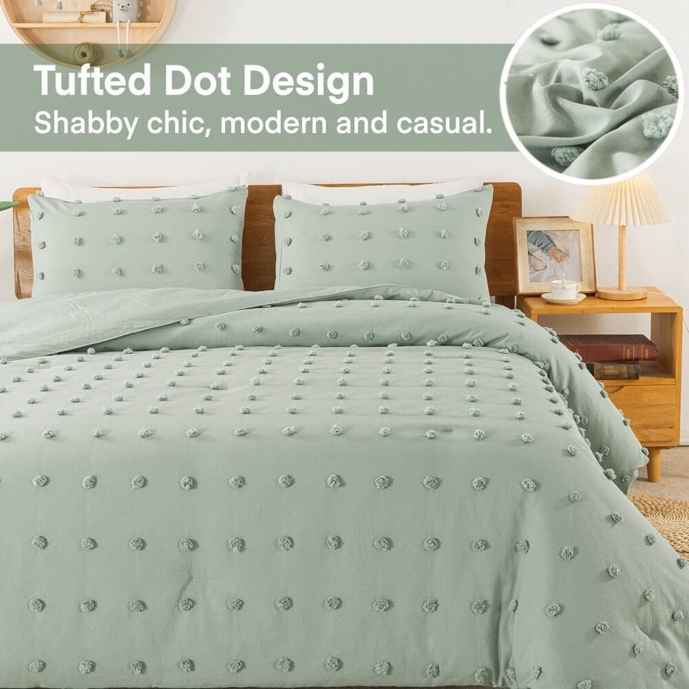 Tufted Sage Green Full Comforter Set (80X90 Inches), 3 Pieces- Soft Cotton Jacquard Lightweight Comforter with 2 Pillowcases, Chenille Dots All Season down Alternative Comforter Set for Bedding