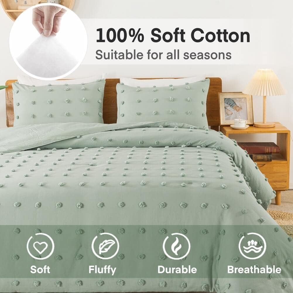 Tufted Sage Green Full Comforter Set (80X90 Inches), 3 Pieces- Soft Cotton Jacquard Lightweight Comforter with 2 Pillowcases, Chenille Dots All Season down Alternative Comforter Set for Bedding