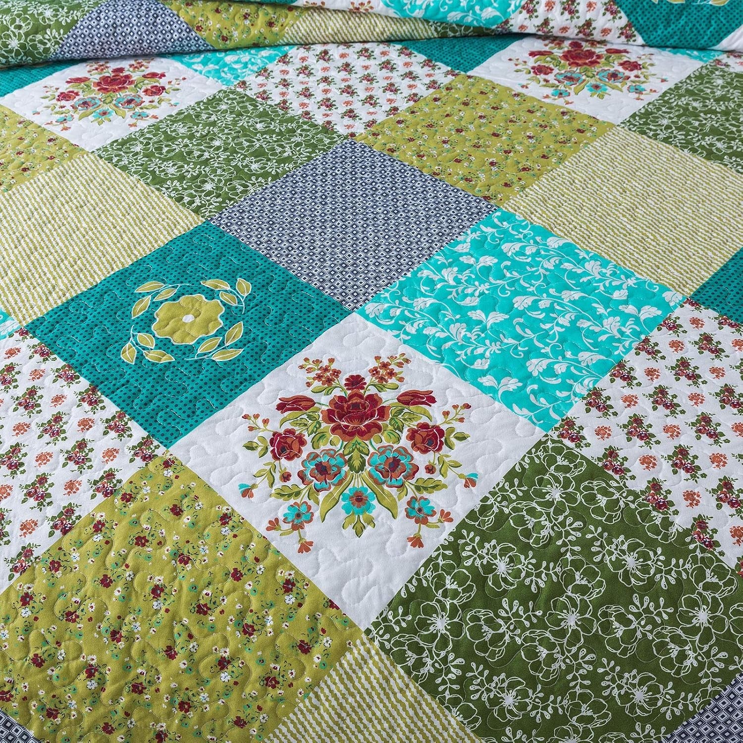 Quilt Set King Size - 3 Piece Microfiber Bedspread Reversible Coverlet Patchwork Bedding Set Lightweight Bedcover Floral Bedspreads All Season Quilts-Turquoise