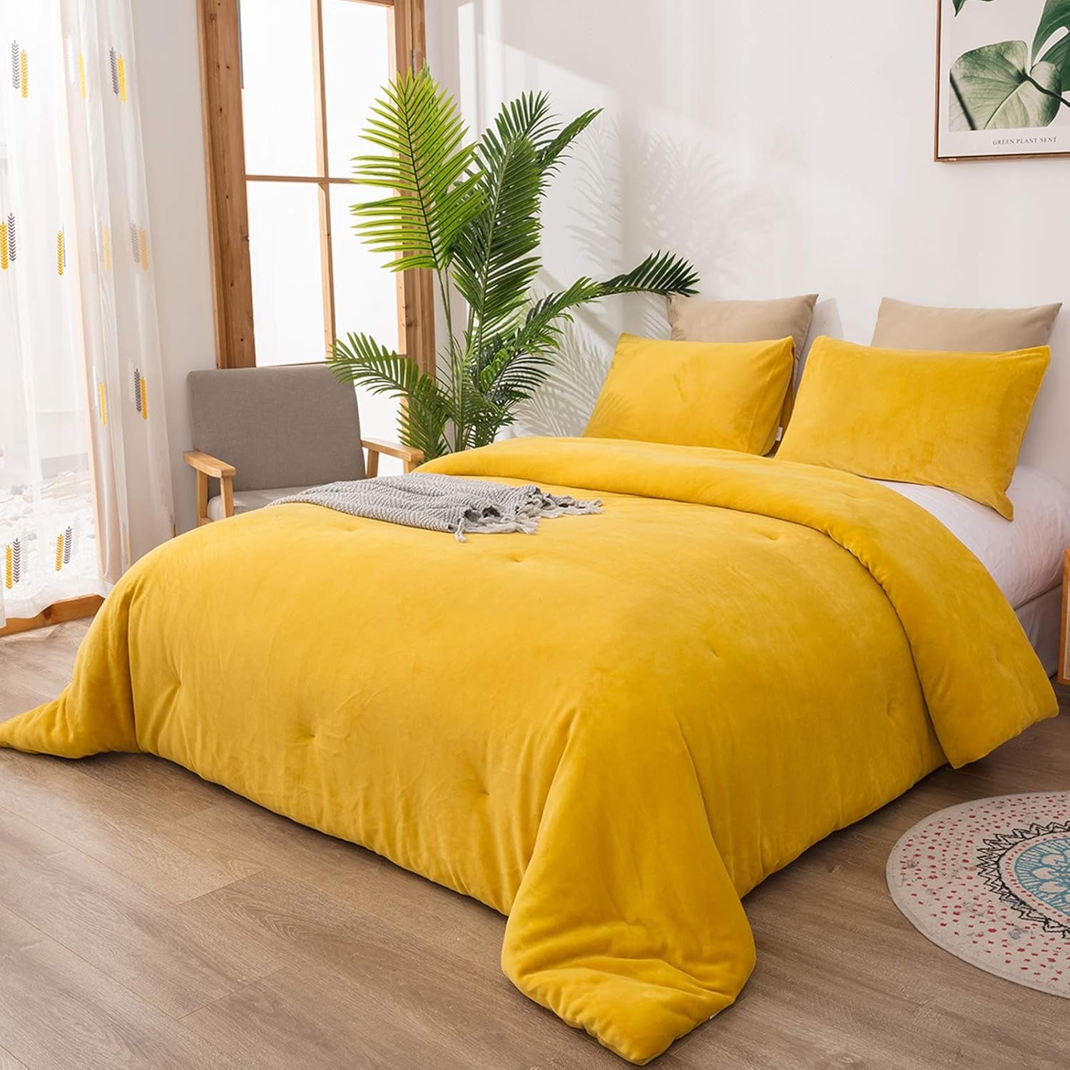 Mustard Yellow Velvet Comforter Set Queen Plush Flannel Fluffy Yellow Bedding Comforter Set Micromink Sherpa Warm Heavyweight Winter Comforter for Women Men Adults Teens