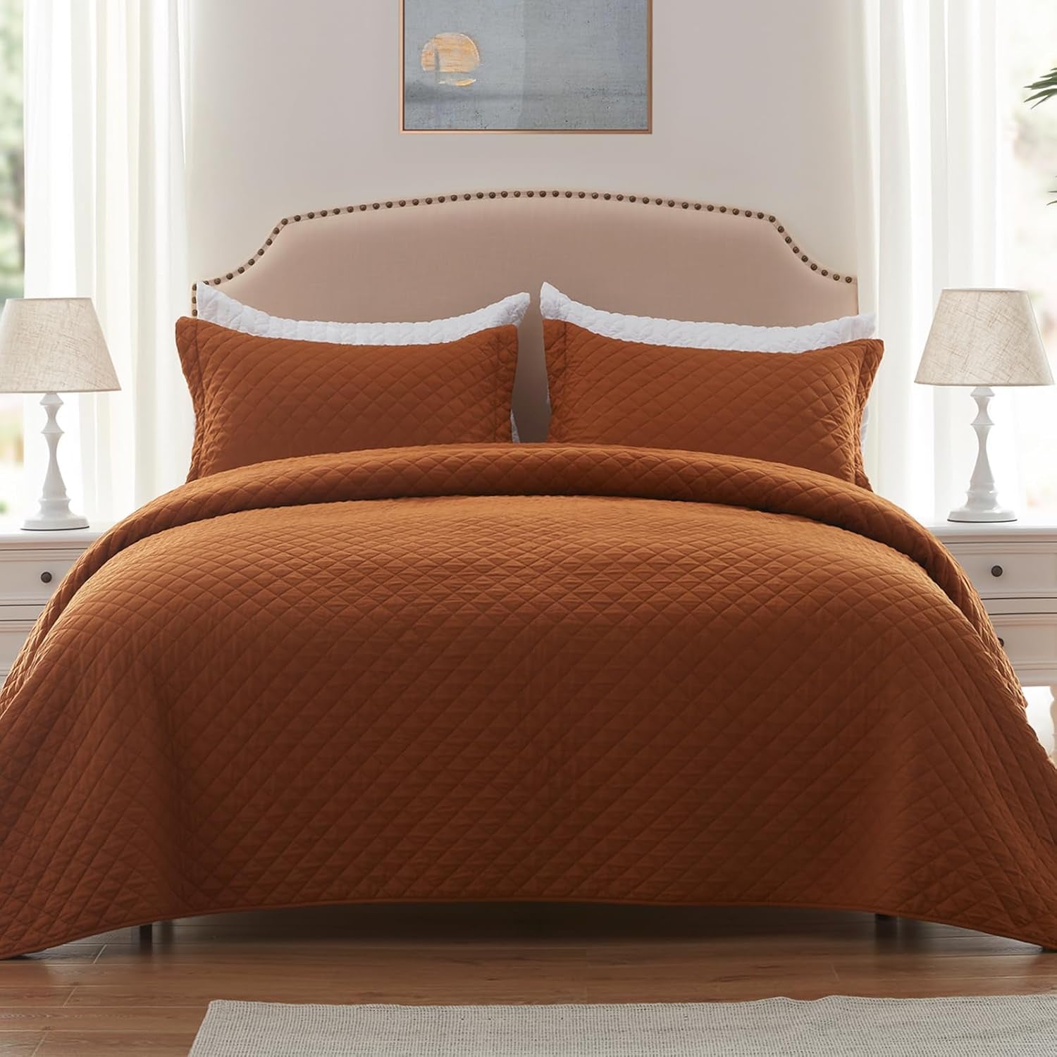 Quilt Set King Brunt Orange, Lightweight Comforter Bedspread Soft Reversible Coverlet King Size for All Season 3Pcs Rust Diamond Quilted Bedding Sets Bed Cover (1 Quilt 2 Pillow Shams)