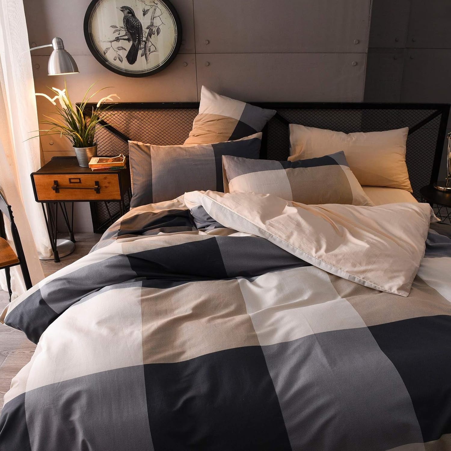 Plaid Duvet Cover Twin, 100% Cotton Check Geometric Bedding 3Pc Set, Retro Grey Hotel Quality Gingham Print Nordic Style, Reversible Solid Color with Zipper Closure, Ties (NO Comforter)