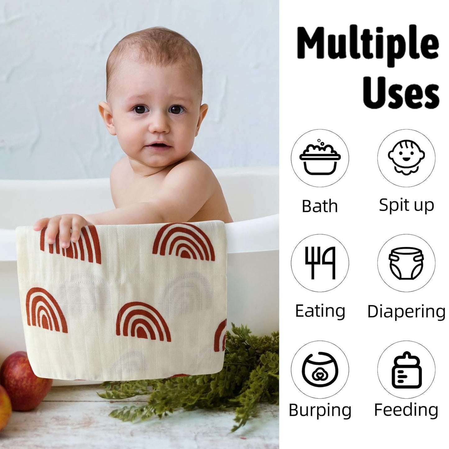 Baby Muslin Washcloths, Soft 6 Pack Baby Wash Cloths Unisex for Boys Girls, 70% Viscose from Bamboo and 30% Cotton Bath Face Towels, Bibs for Newborn with Sensitive Skin, 10.6X10.6 Inches