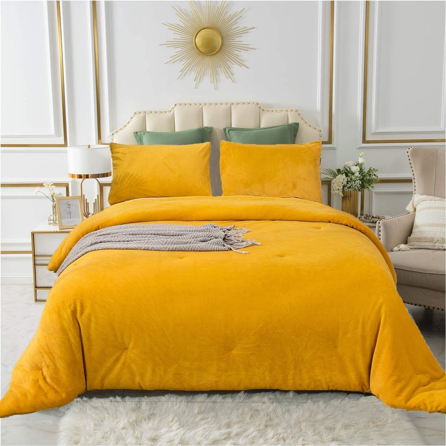 Mustard Yellow Velvet Comforter Set Queen Plush Flannel Fluffy Yellow Bedding Comforter Set Micromink Sherpa Warm Heavyweight Winter Comforter for Women Men Adults Teens