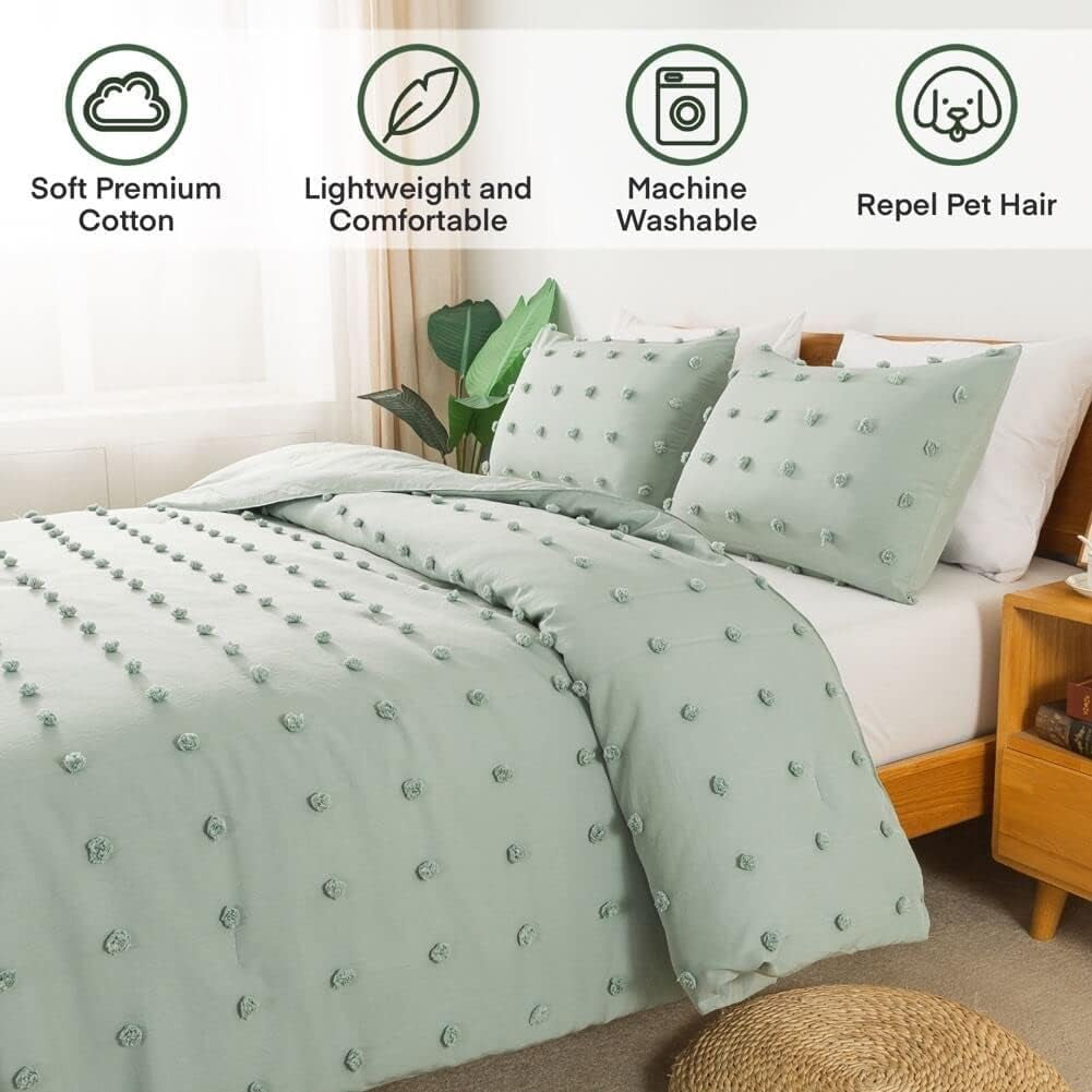 Tufted Sage Green Full Comforter Set (80X90 Inches), 3 Pieces- Soft Cotton Jacquard Lightweight Comforter with 2 Pillowcases, Chenille Dots All Season down Alternative Comforter Set for Bedding