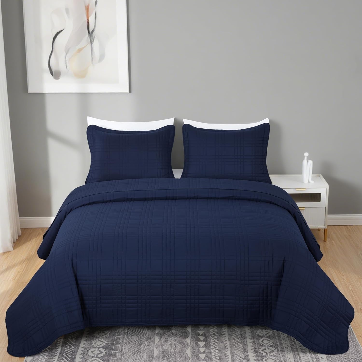 Kingston Queen Size Bedspread Set, 3-Piece Navy Oversized Quilted Microfiber Lightweight Bedspread Coverlet (100"X106") for All Seasons